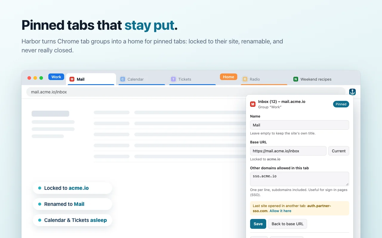 Pinned tabs in a Chrome tab group, with the settings panel of one tab