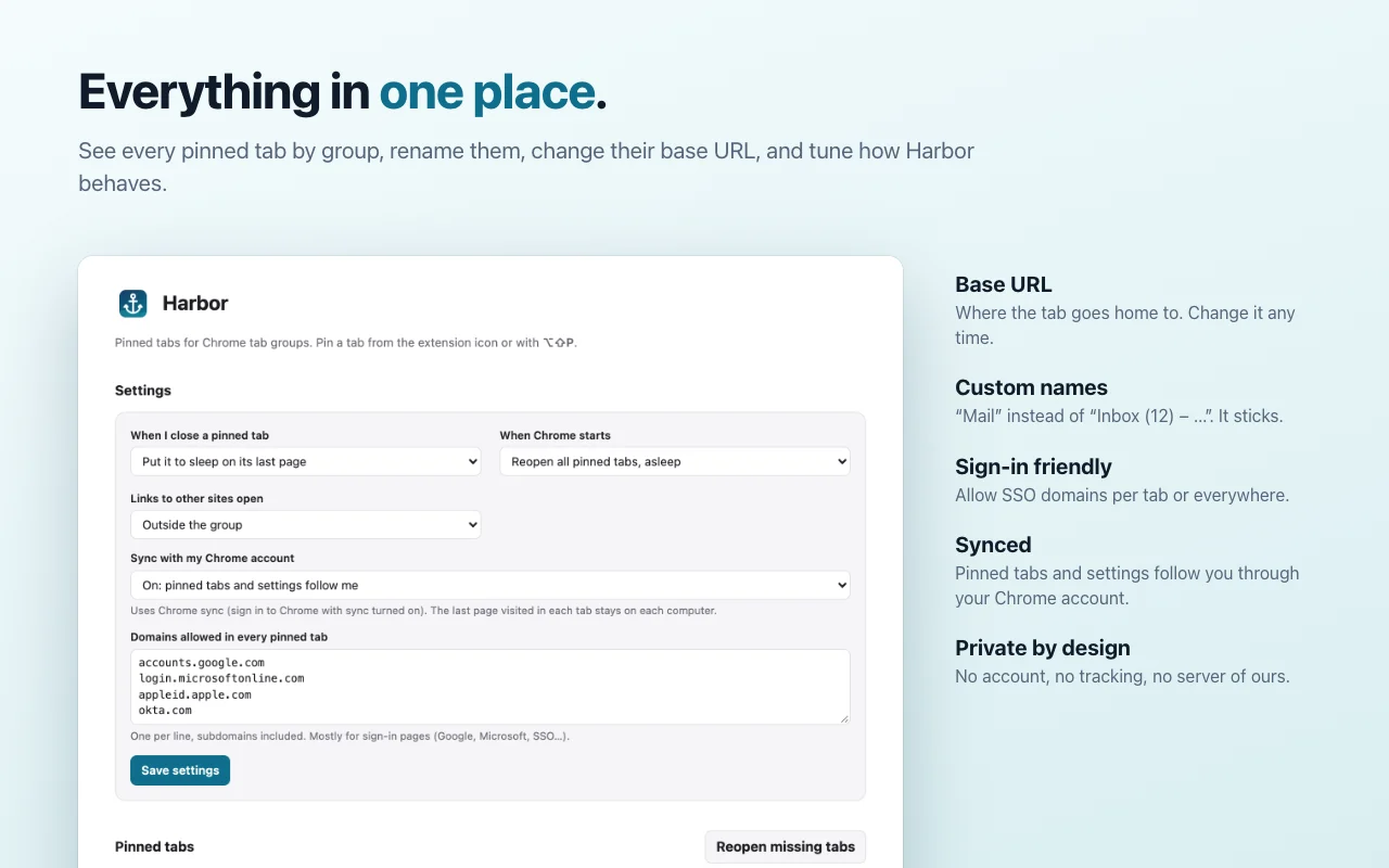 Harbor’s settings page