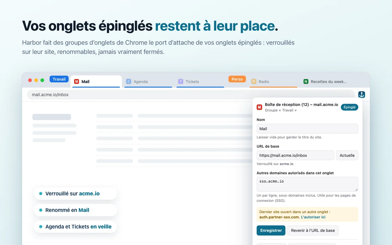 Onglets épinglés dans un groupe Chrome, avec le panneau de réglage d’un onglet