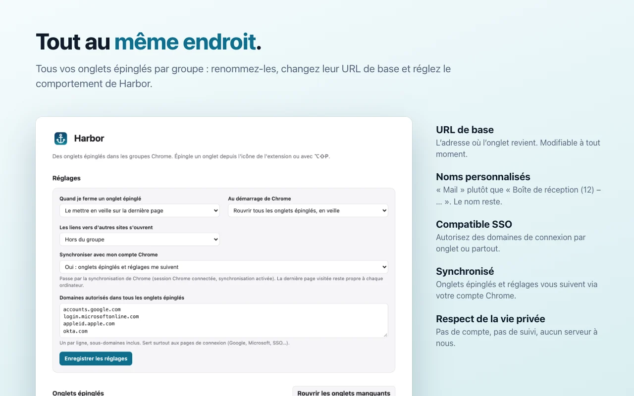 La page de réglages de Harbor